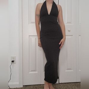 SHEIN Black Ribbed Halter Maxi Dress